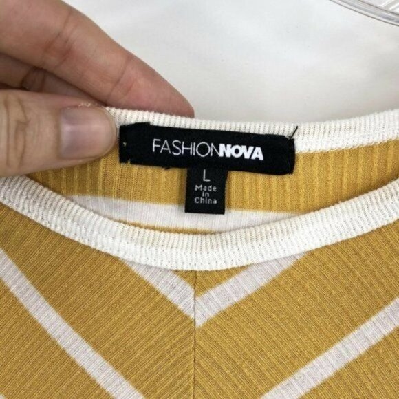 Fashion Nova Cropped Knit Top Mustard Yellow & White Stripe Knot Front Size L - Picture 7 of 15